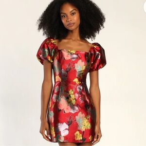 Lulus Floral Jacquard Puff Sleeve Mini Dress